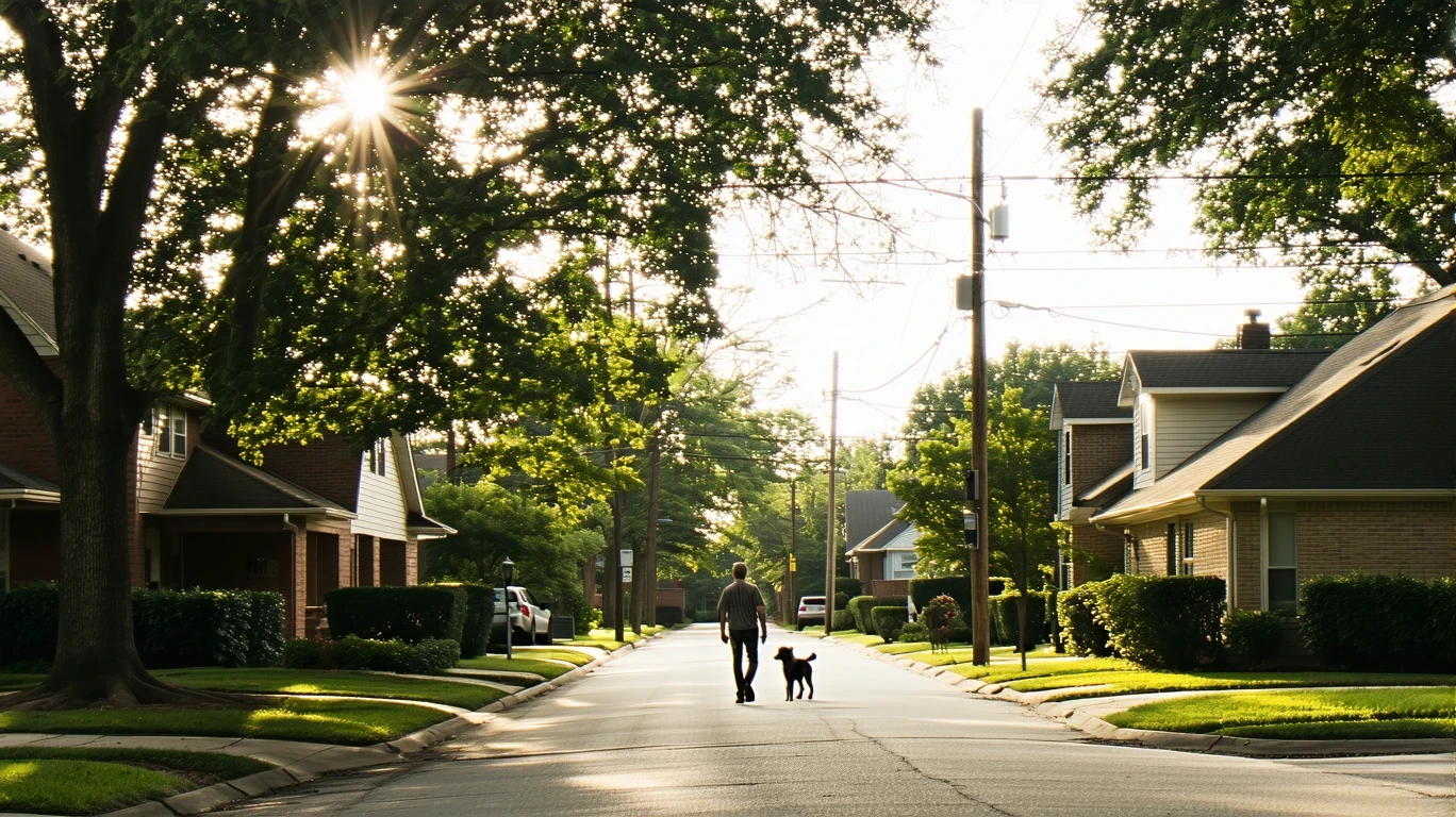 A sunny residential street in Humble, Texas with maple trees, sidewalks, and a couple walking their dog.