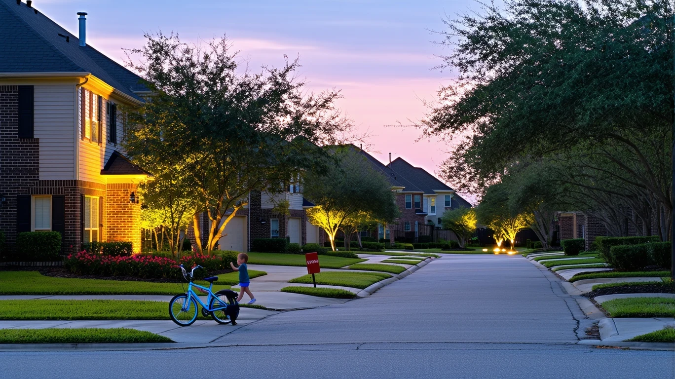 A cul-de-sac in Sugar Land, Texas at dusk with porch lights on and a child's bicycle near the curb.