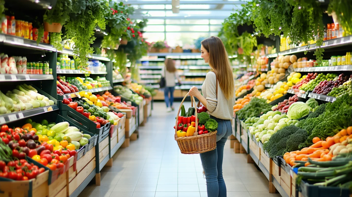 A woman comparing prices while shopping for fresh produce at a grocery store in Humble, Texas.