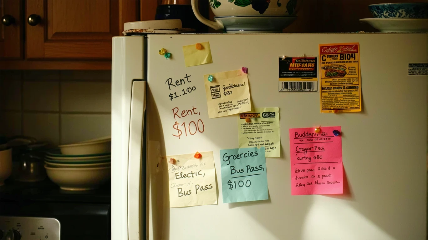 A refrigerator door with handwritten budget notes and coupons held by magnets.