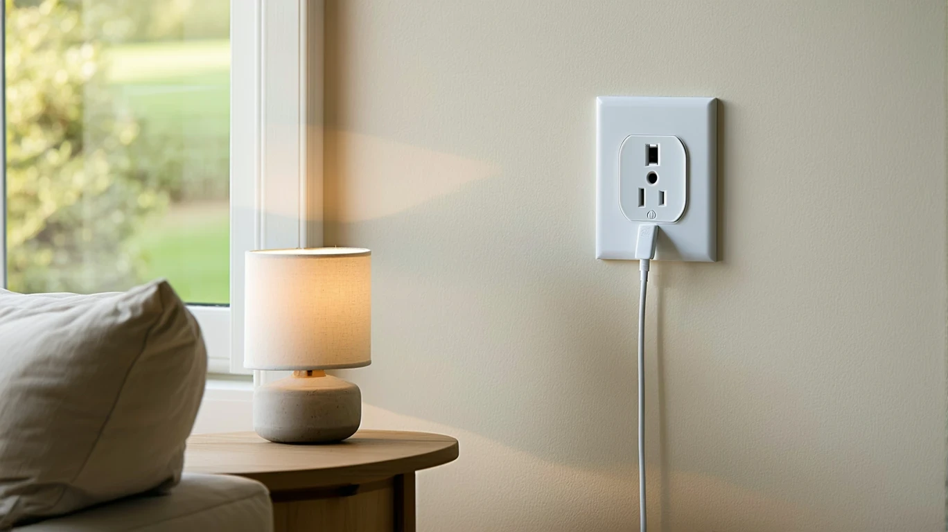 Smart plug and lamp connected to an electrical outlet in a suburban living room.
