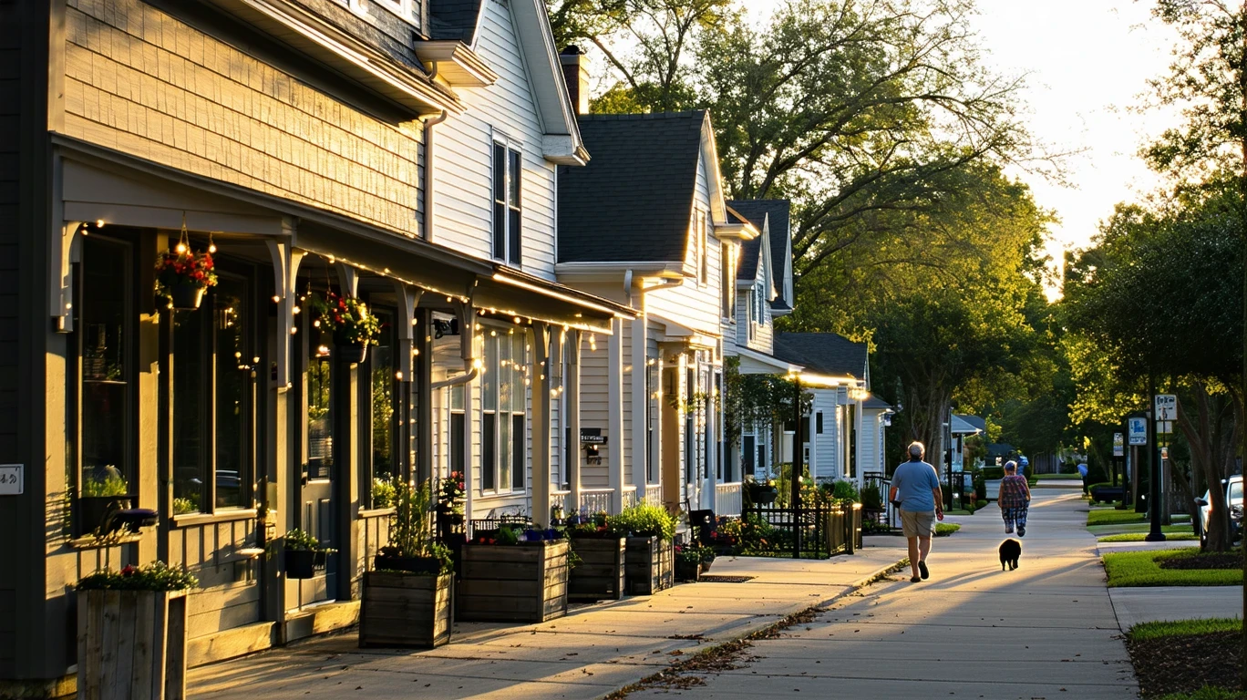 Strip of local shops next to a residential neighborhood in Humble, Texas at dusk, with storefronts, patios, homes and a person walking their dog visible.