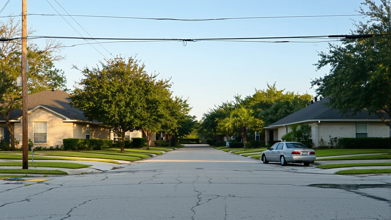 A quiet residential street corner in Humble, Texas with modest homes and an old car parked on the street.