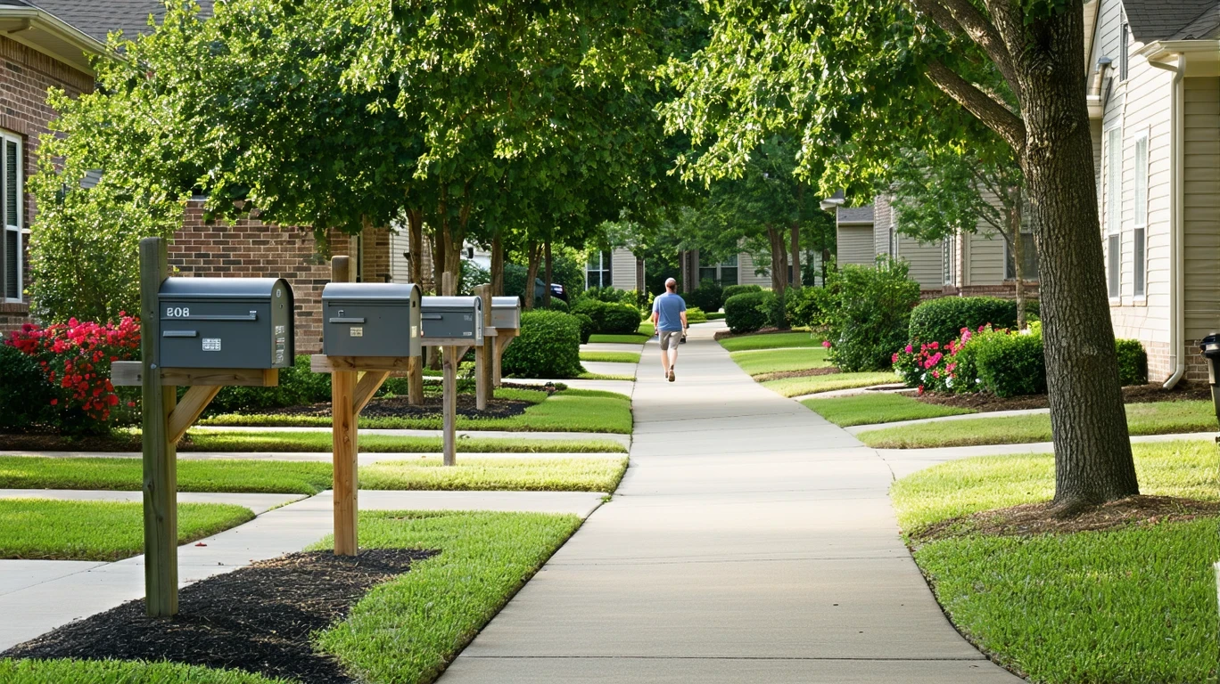 A curving sidewalk lined with gray mailboxes in a tidy suburban neighborhood on a sunny day.