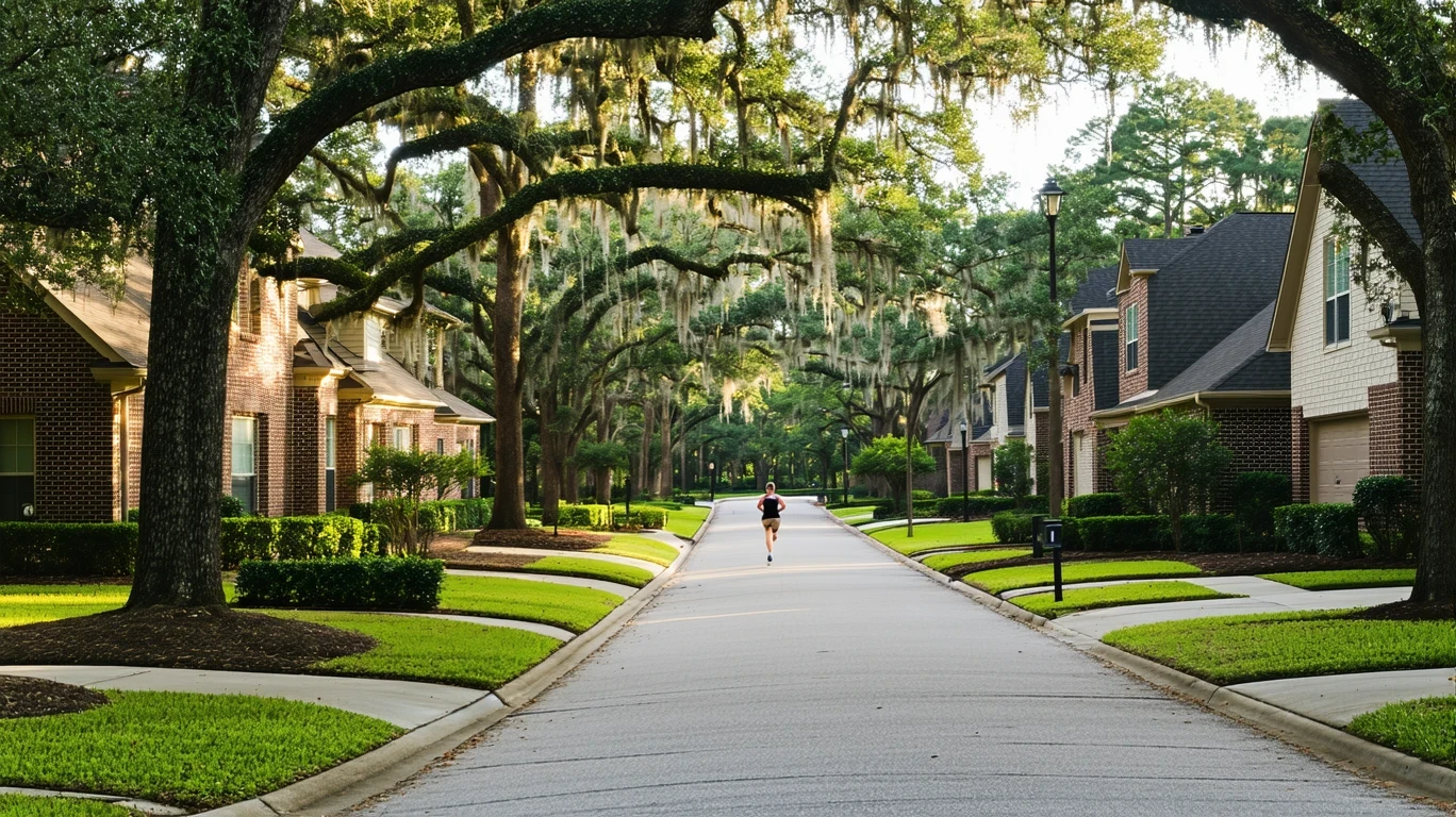An early morning street scene in The Woodlands, TX with upscale homes, oak trees, and a jogger on the sidewalk.