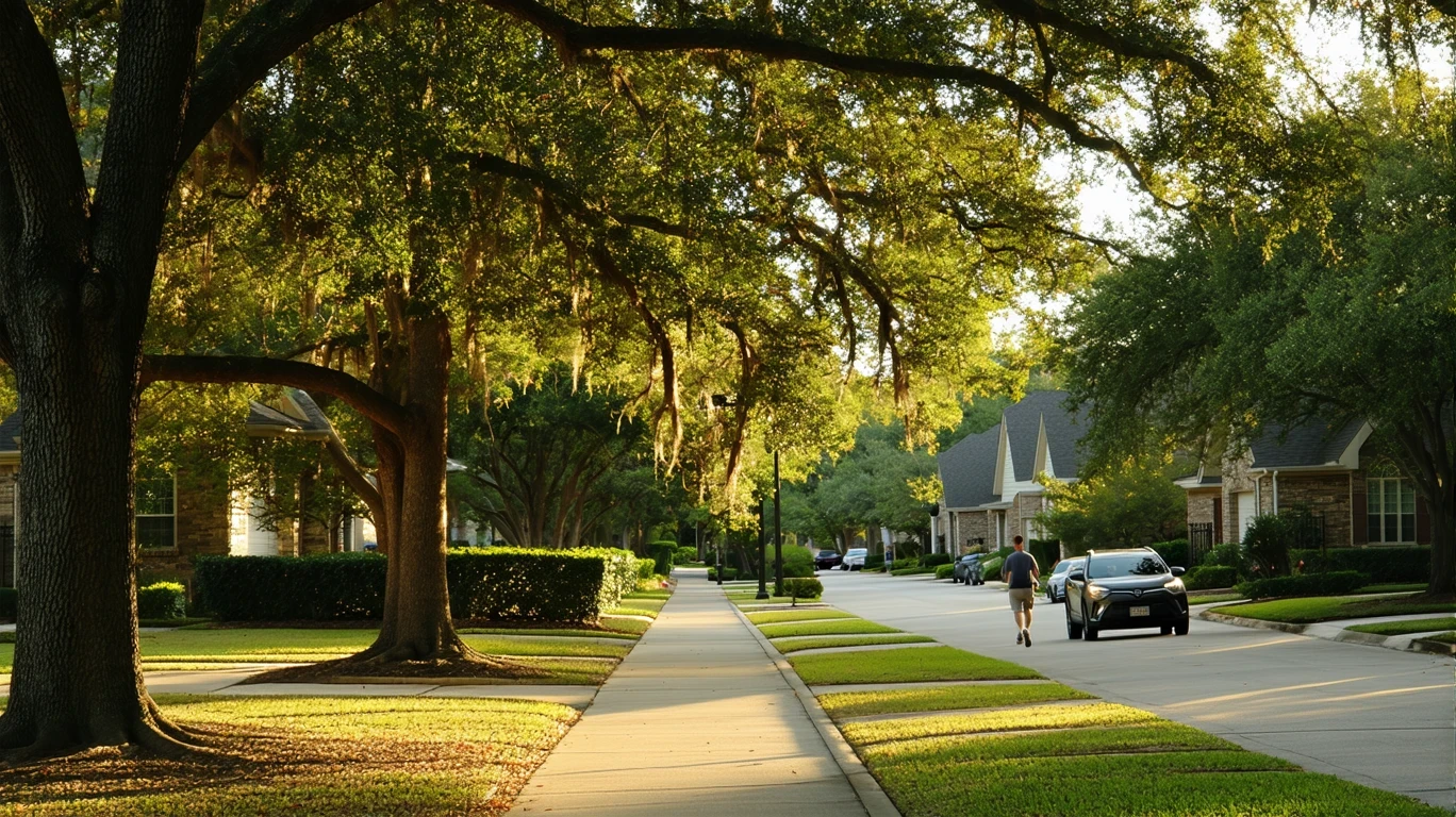 A tree-lined suburban street in Humble, Texas with a sidewalk curving past single-family homes.