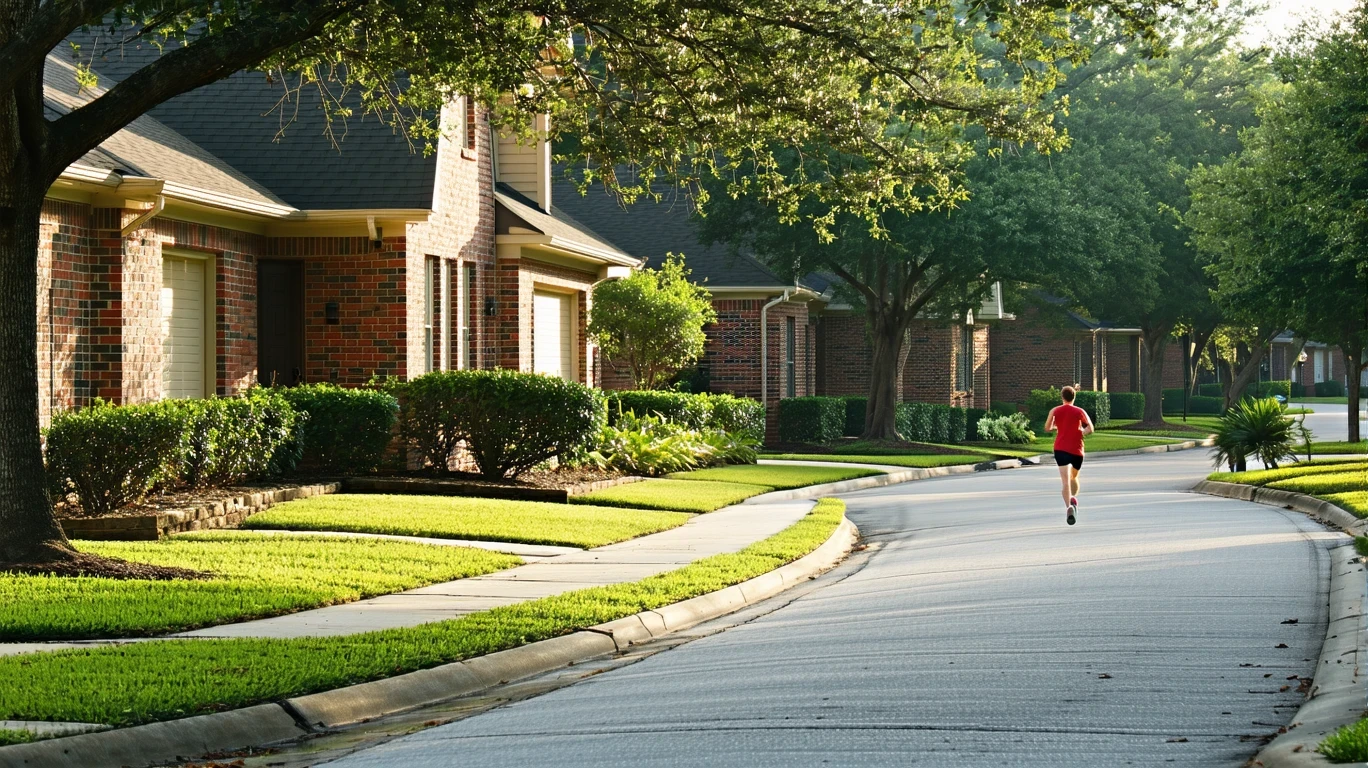 A curved suburban street in Humble, Texas with brick homes, manicured lawns, and one person jogging in the distance on a sunny morning.