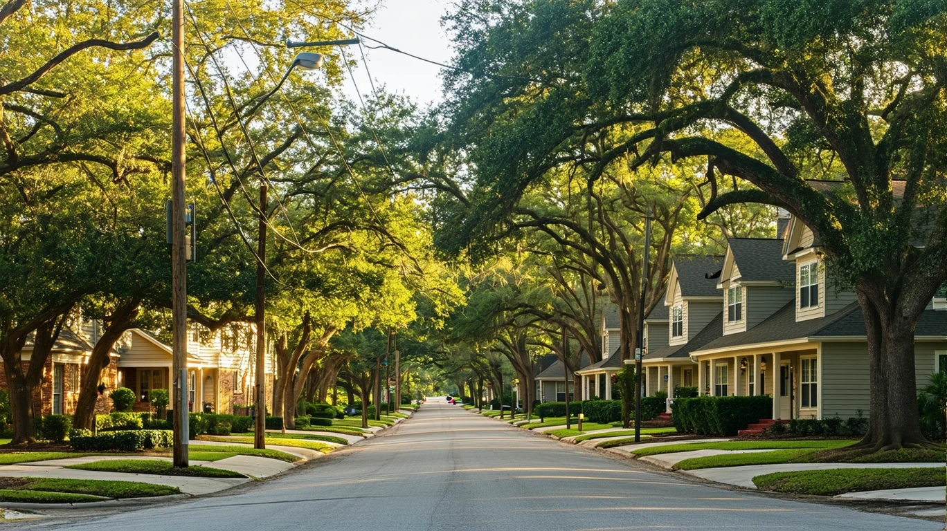A sunlit residential street in Humble, Texas lined with maple trees and tidy single-family homes.
