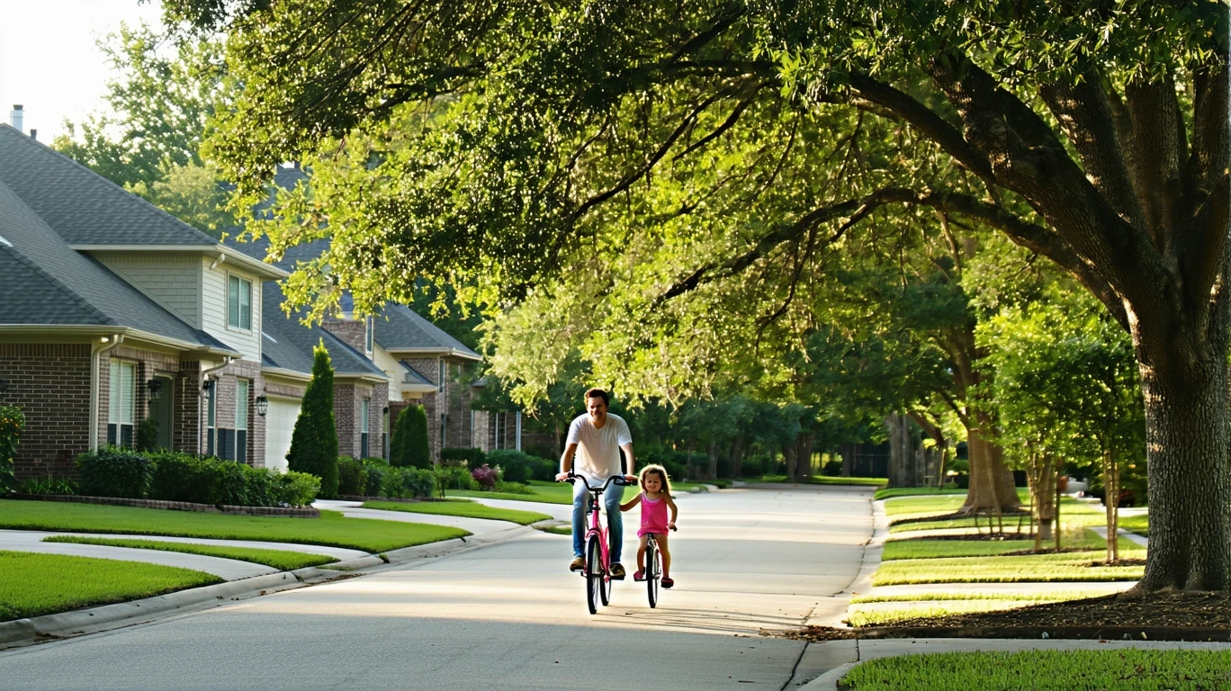 A curving sidewalk under tall trees in a Pearland neighborhood. Rooftops of brick homes are partially visible. A dad and daughter ride bikes on the path.