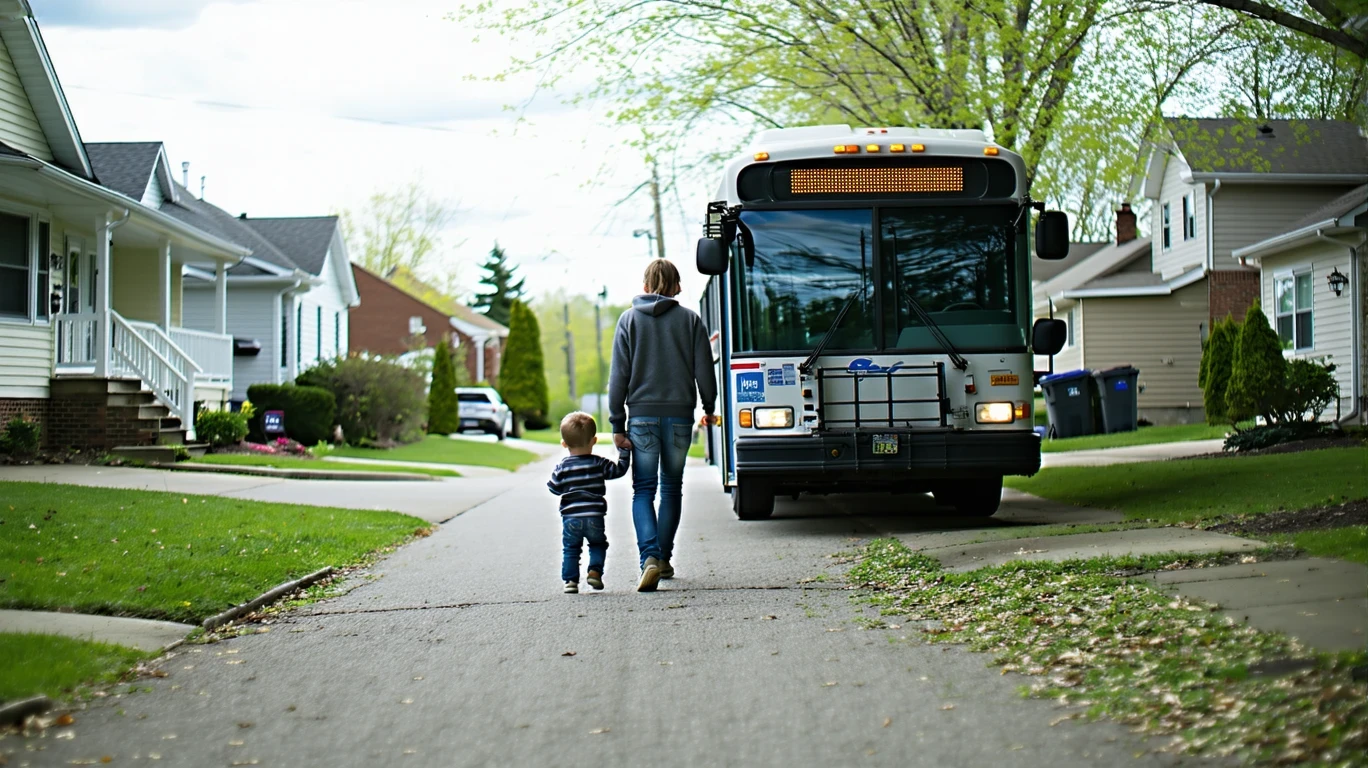 A parent and child holding hands while boarding a city bus on a cloudy day in a residential neighborhood.