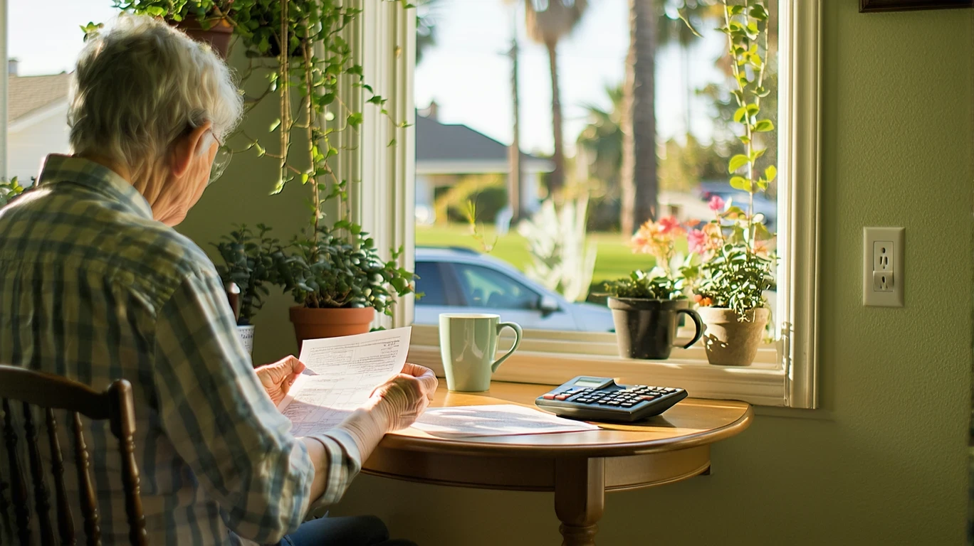A person reviewing bills and using a calculator in a breakfast nook of a Huntington Beach home.