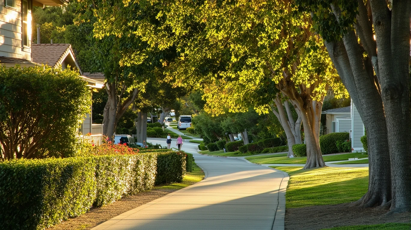 A tree-lined sidewalk curving through a peaceful suburban neighborhood.