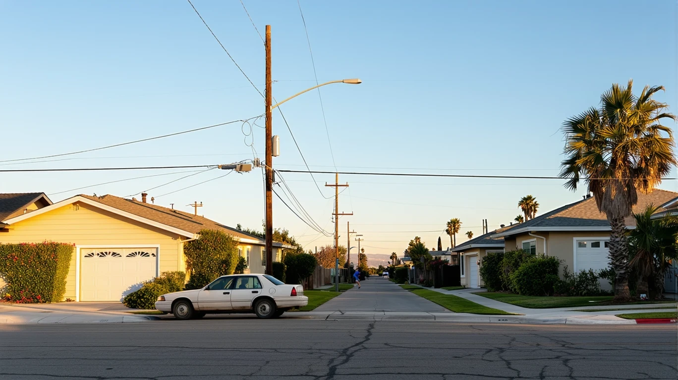 A suburban street corner in Huntington Beach with small homes, patchy lawns, a parked car, and a jogger on the sidewalk.