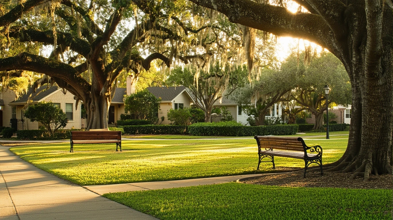 A quiet park in Santa Ana with a grassy lawn, large oak trees, empty benches, and golden evening light.