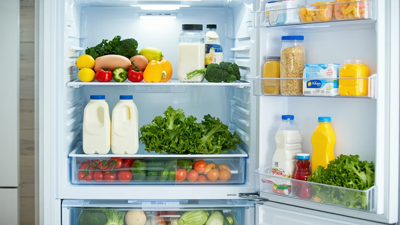 An open refrigerator stocked with groceries in a Huntington Beach kitchen.