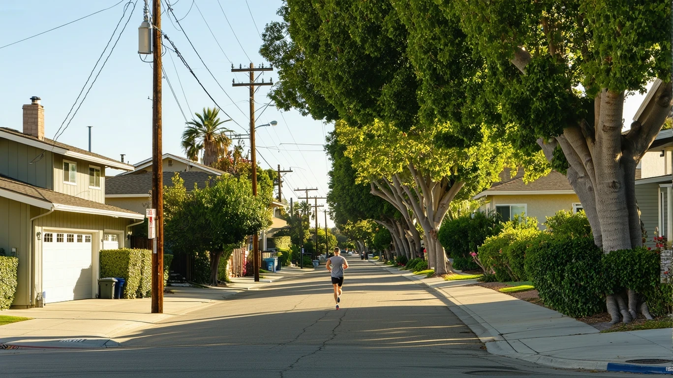 A tree-lined residential street in Huntington Beach, California on a sunny day, with a jogger on the sidewalk.