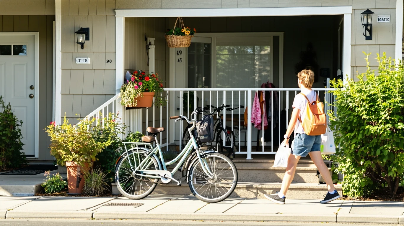 Apartment building entryway with bikes, plants, and a couple walking by on a sunny day in Huntington Beach.