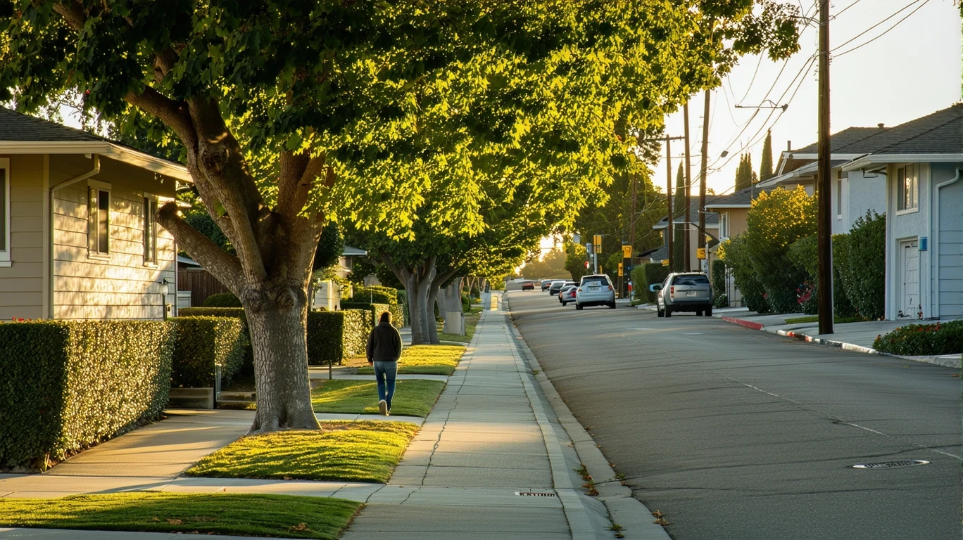 Sunlight through maple trees on a suburban street in Huntington Beach, California with homes and a pedestrian.