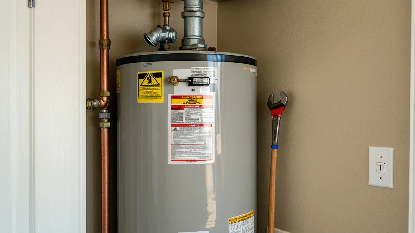 A small water heater closet with a tank, wrench, and pipes.