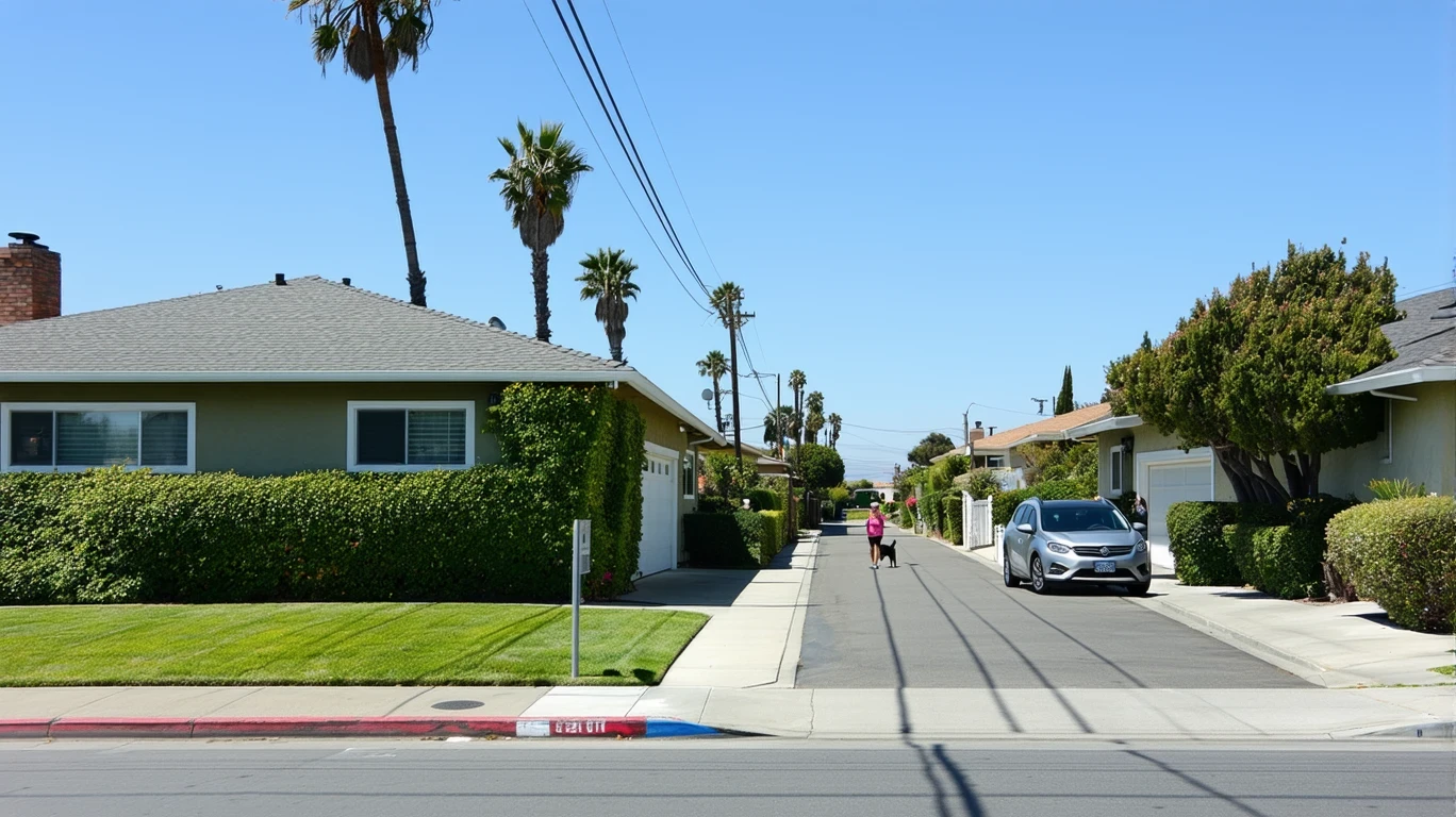 A residential street corner in Huntington Beach with homes, grass, a parked car, and power lines on a sunny day.