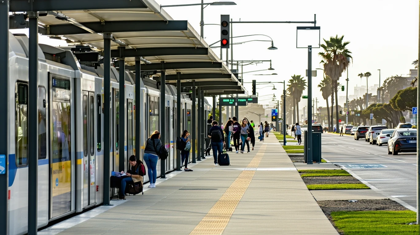 A light rail station platform in Huntington Beach with a few waiting passengers on an overcast day.