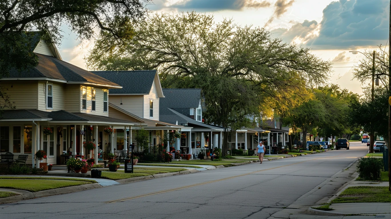 A quiet suburban street in Hutto, Texas at dusk, with small homes on one side and closed storefronts with patios on the other. One person walks along the sidewalk.