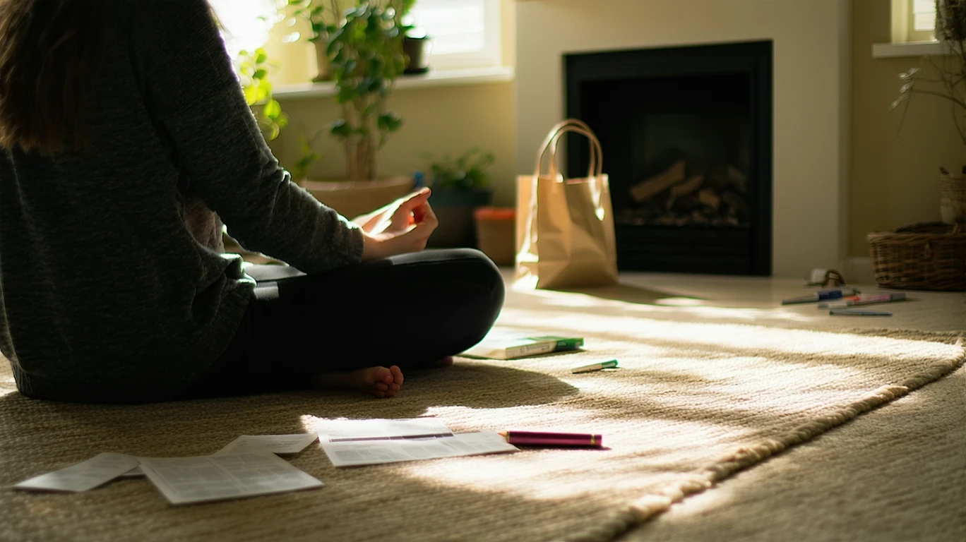 Person sitting on rug in sunlit living room, surrounded by receipts and grocery bag.