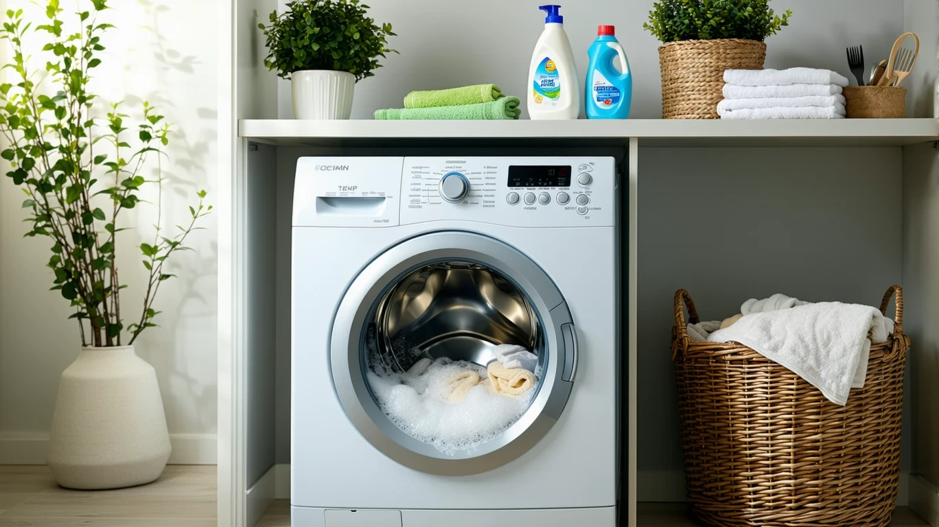 Top-loading washing machine in cycle with detergent bottle on laundry room shelf.