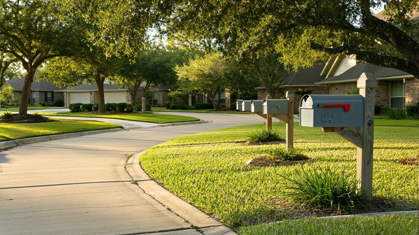 A sunlit suburban sidewalk in Hutto, Texas with several gray curbside mailboxes in a row.