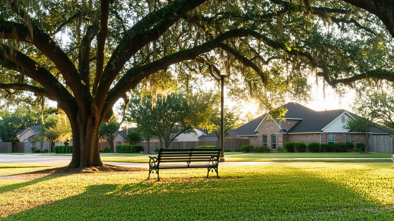 A quiet park with empty benches beneath oak trees in golden-hour light.