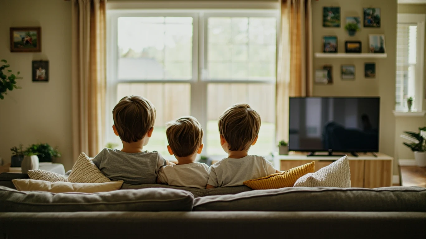 A family of four sitting on the couch watching TV together in their living room.