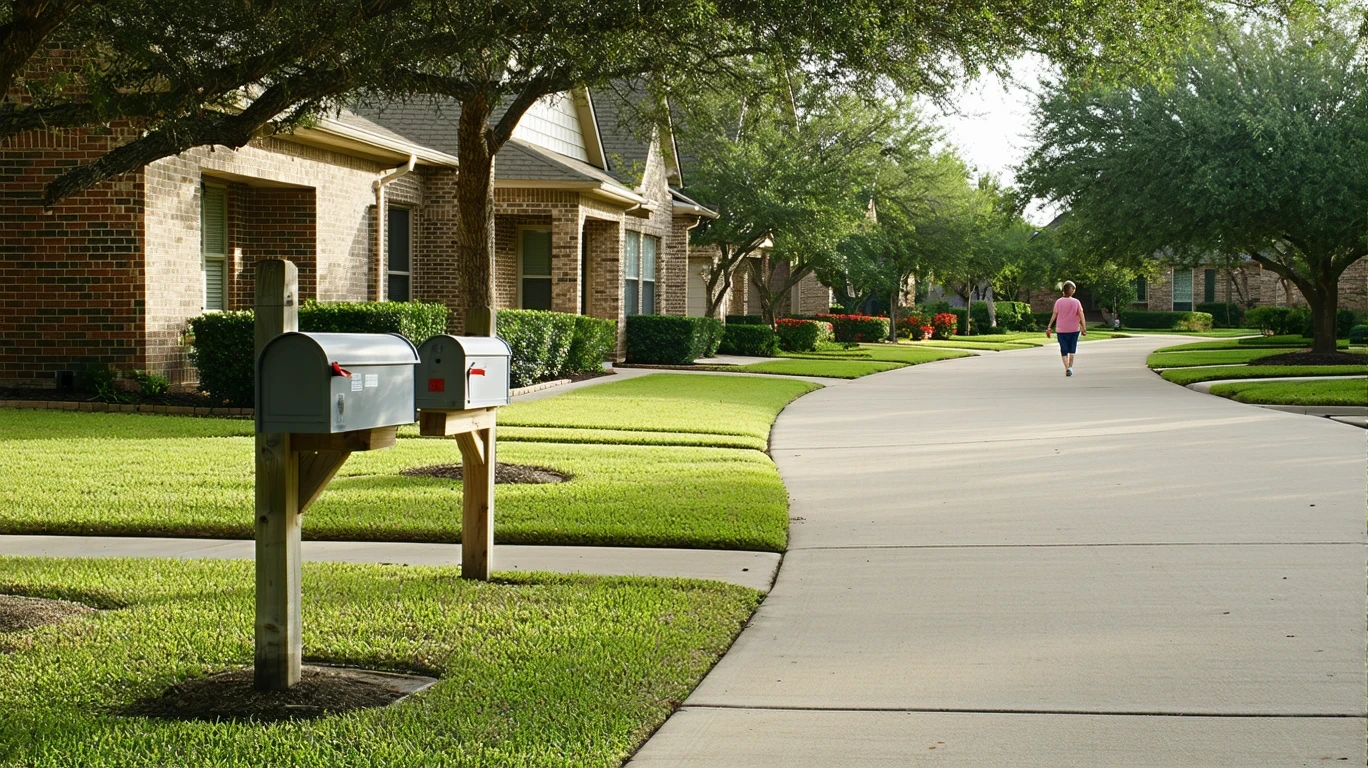 A sunny sidewalk curving past suburban homes and mailboxes in Hutto, Texas.