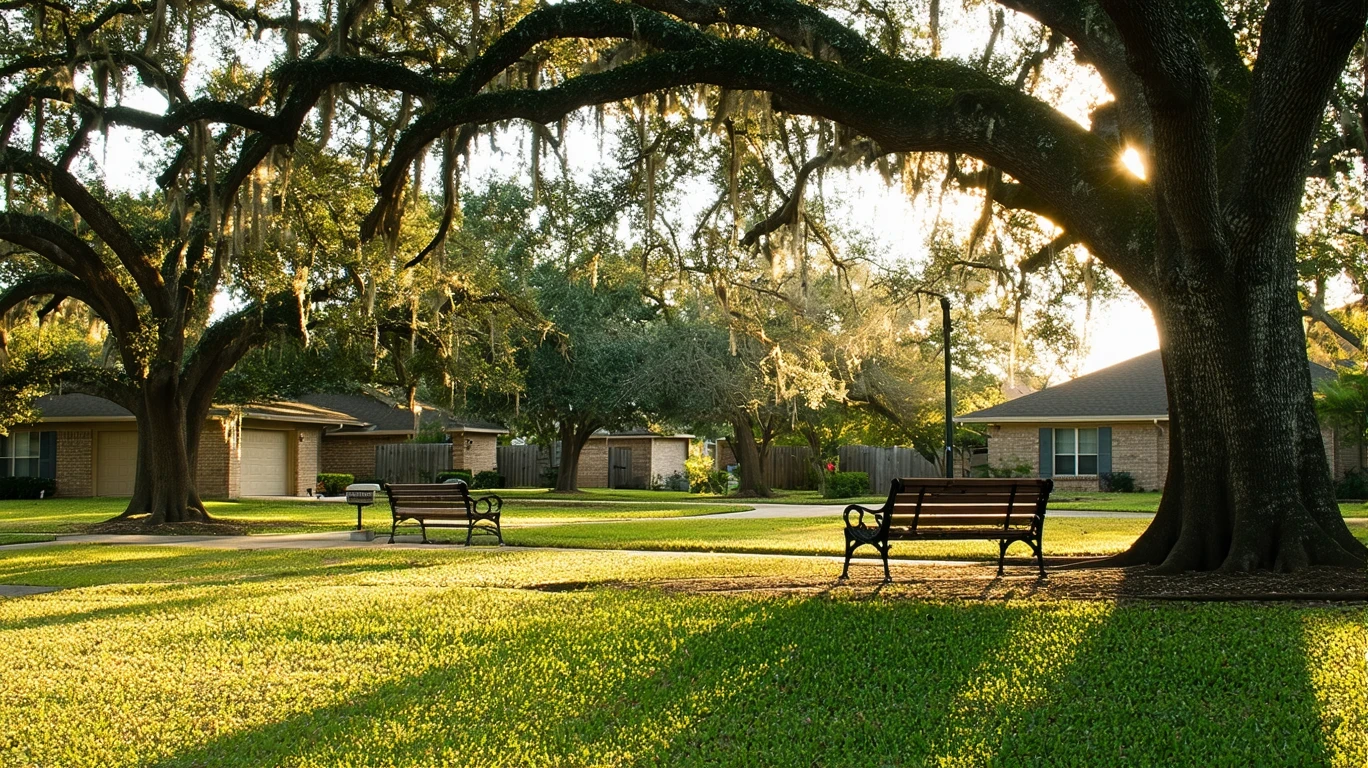 A quiet neighborhood park in Hutto, TX with oak trees, empty benches, and golden-hour light stretching across the grass.