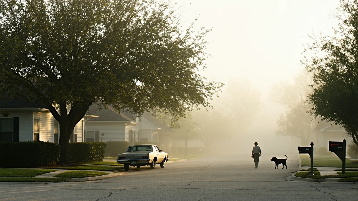 Misty residential street in Hutto, TX with mailboxes, maple tree, and parked sedan.