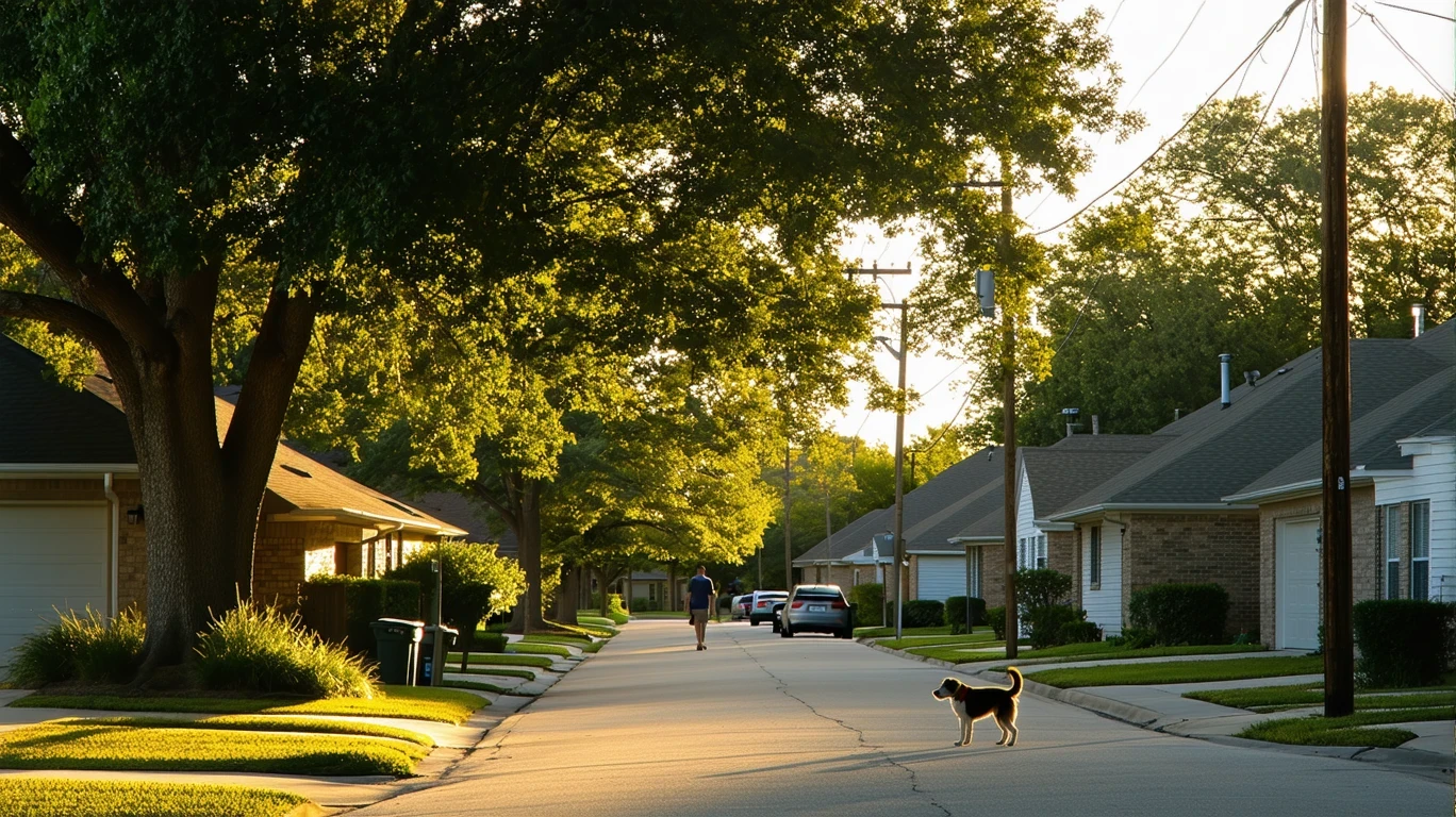Quiet suburban street in Hutto, Texas with sunlight filtering through maple trees onto single-story homes and sidewalks.