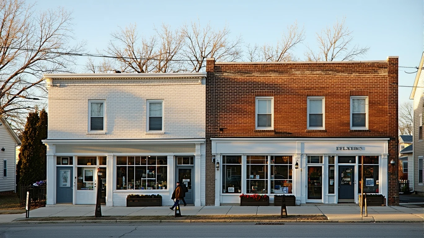 A quiet street in Independence, Kentucky with small local shops and neighborhood homes visible in the early evening light.