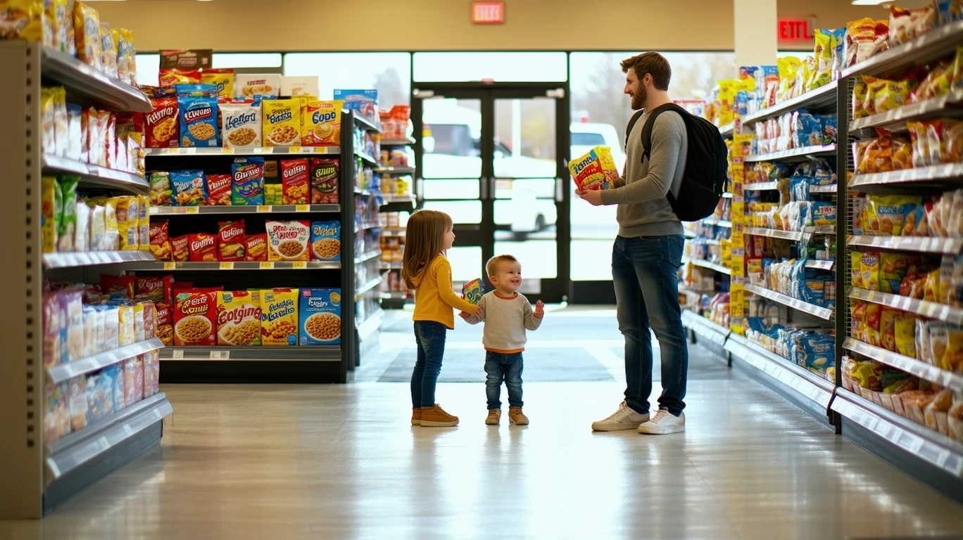 A couple and their daughter standing in a grocery store aisle, comparing cereal boxes.