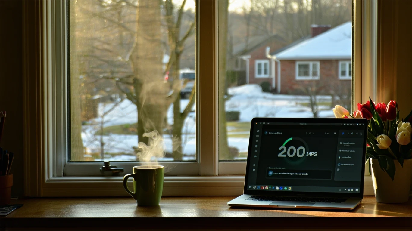 A laptop showing an internet speed test on a kitchen table, with coffee and a view of suburban homes outside.