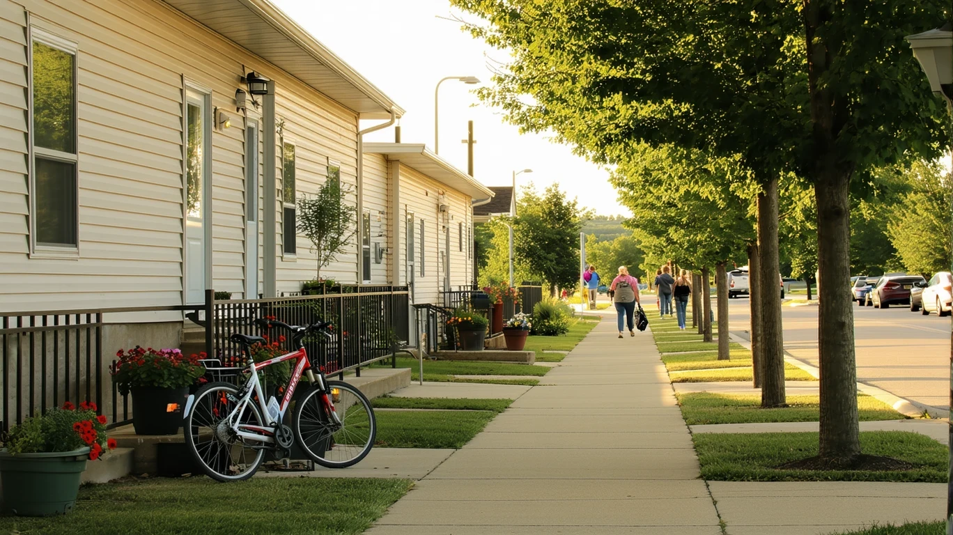 Apartment row with bikes and potted plants by doorways in Independence, Kentucky
