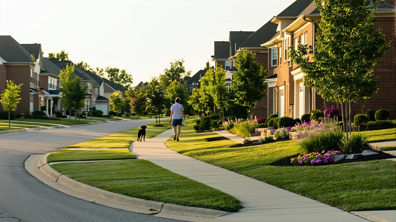 A quiet suburban cul-de-sac in the early morning light, with well-kept homes, native plants, and a person walking their dog in the distance.