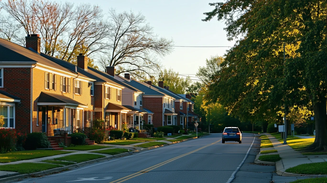 Suburban street in Independence, KY with modest single-story homes and mature trees in the early morning light.