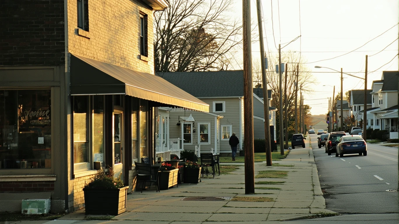 A strip of small local shops next to a residential street in Independence, Kentucky at dusk.