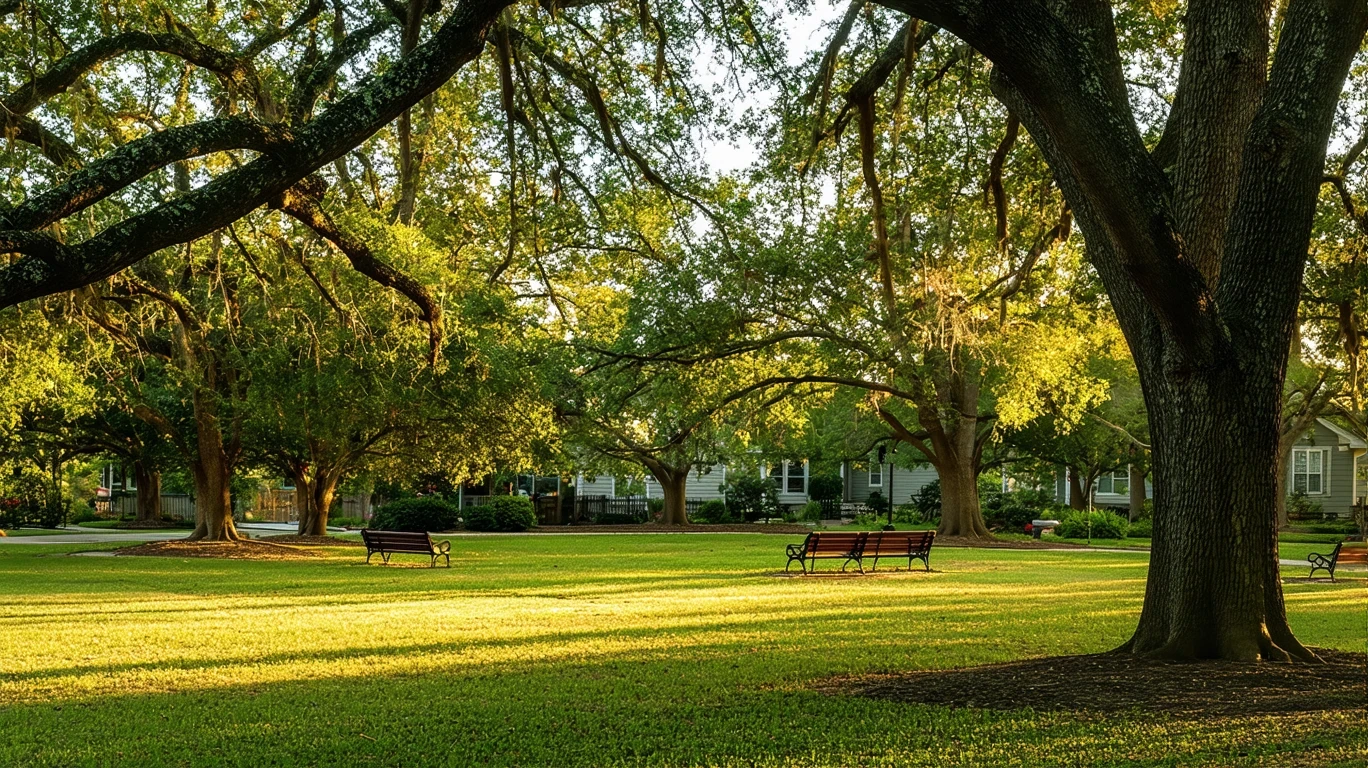A quiet park lawn beneath old oak trees, with empty benches and golden-hour light stretching across the grass.