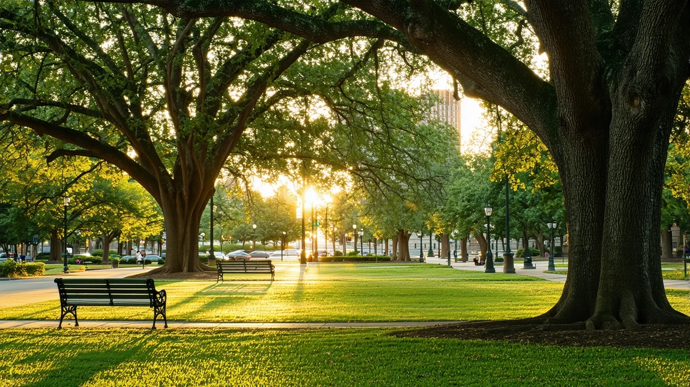 A peaceful park lawn beneath old oak trees, with empty benches and golden afternoon light.