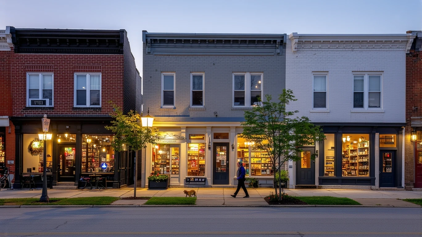 A quiet street in Indianapolis at dusk, with small local shops and tidy homes lining the sidewalk.