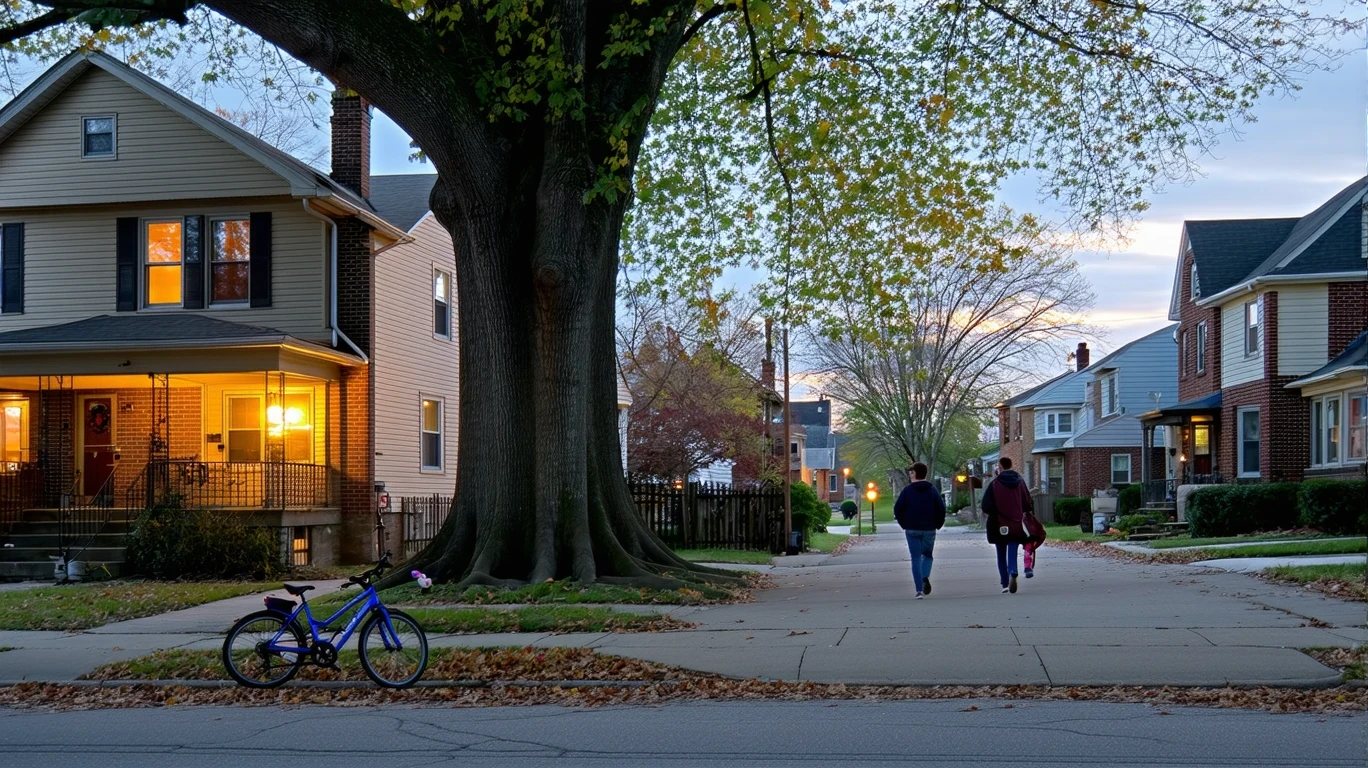 A quiet cul-de-sac in Indianapolis at dusk, with two-story homes and a child's bicycle near the curb.