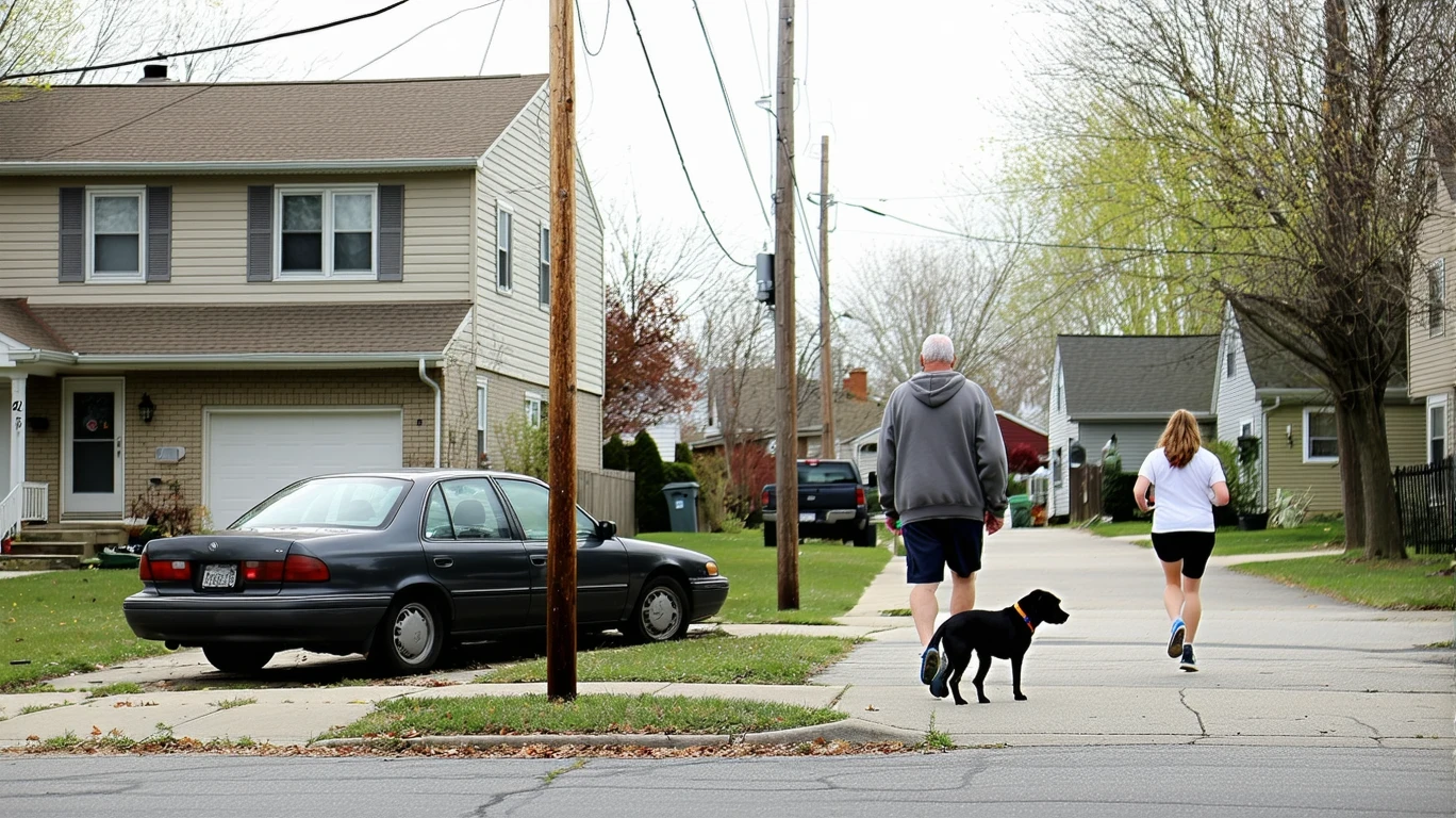 A neighborhood street corner in Fishers, with homes, parked car, dog-walker, and jogger.