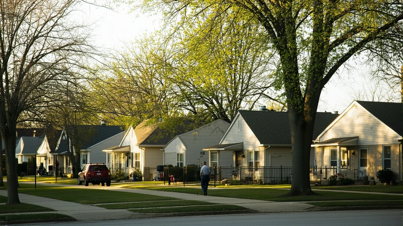 A tree-lined residential street in Indianapolis with one-story homes and long shadows at sunrise.