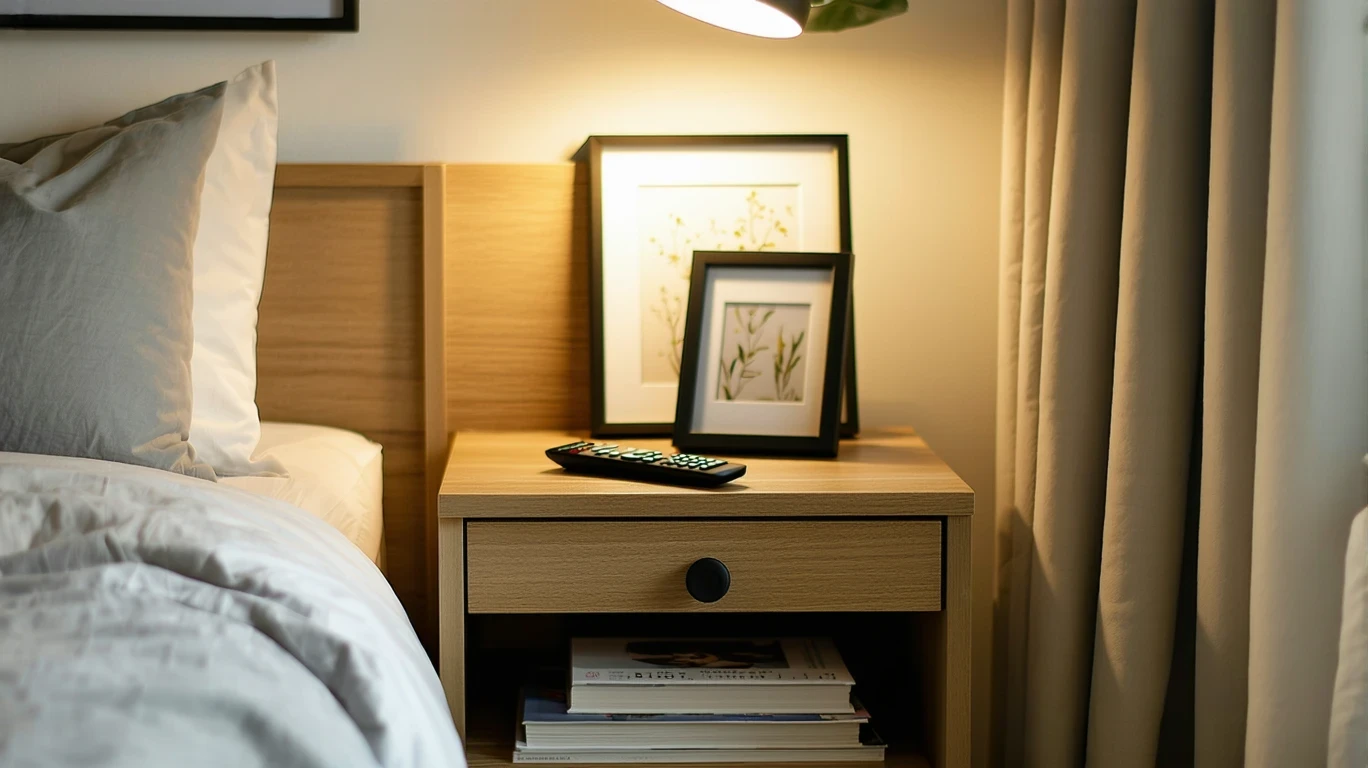 A bedroom nightstand with a remote, phone, and smart speaker under a reading light.