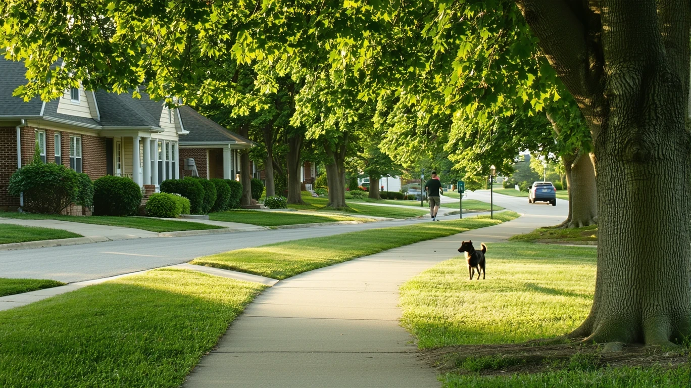 Tree-lined residential street in Indianapolis with person walking dog on sidewalk.